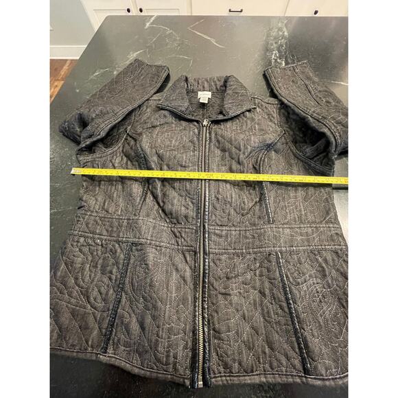 Chico's Charcoal  Black Floral Quilted Jacket Blazer 3/XL Faux Leather accents - Picture 11 of 13